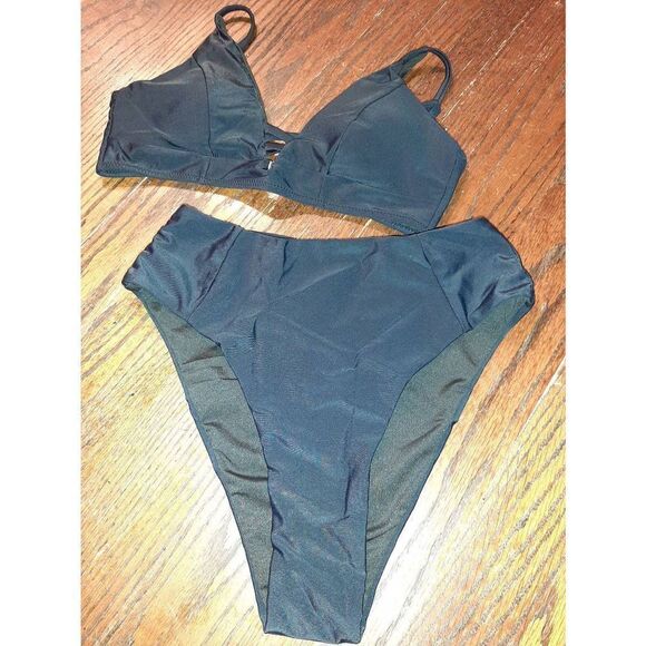 New Small Black 2pc French Cut Bikini Criss Cross Front Adjustable Strap NWOT - Picture 1 of 8